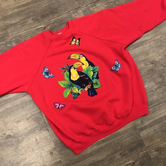 Vintage Hanes Her Way Parrot Birds Sweatshirt Women XL Nature Crewneck USA Made - Picture 1 of 8